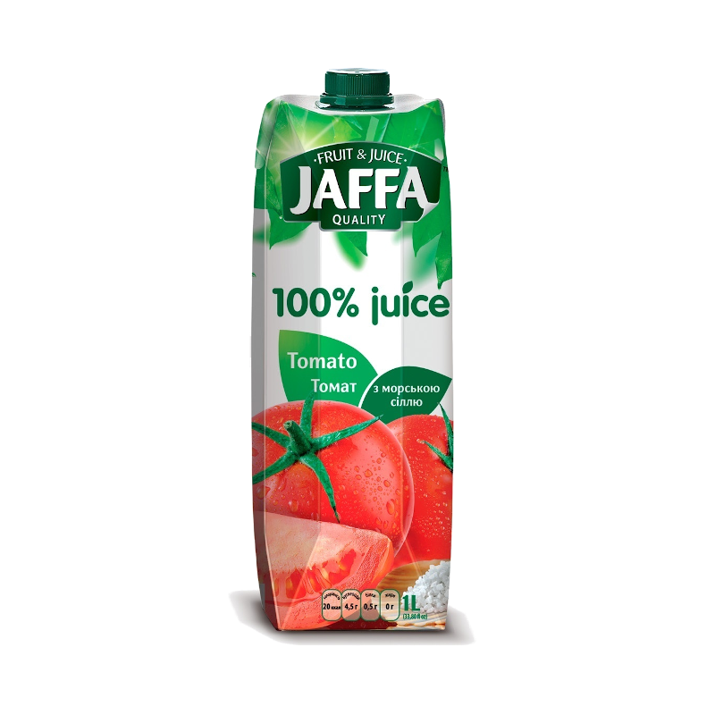 Сік JAFFA томатний відновлений, стерилізований, з сіллю, пляшка картонна, 0,95л